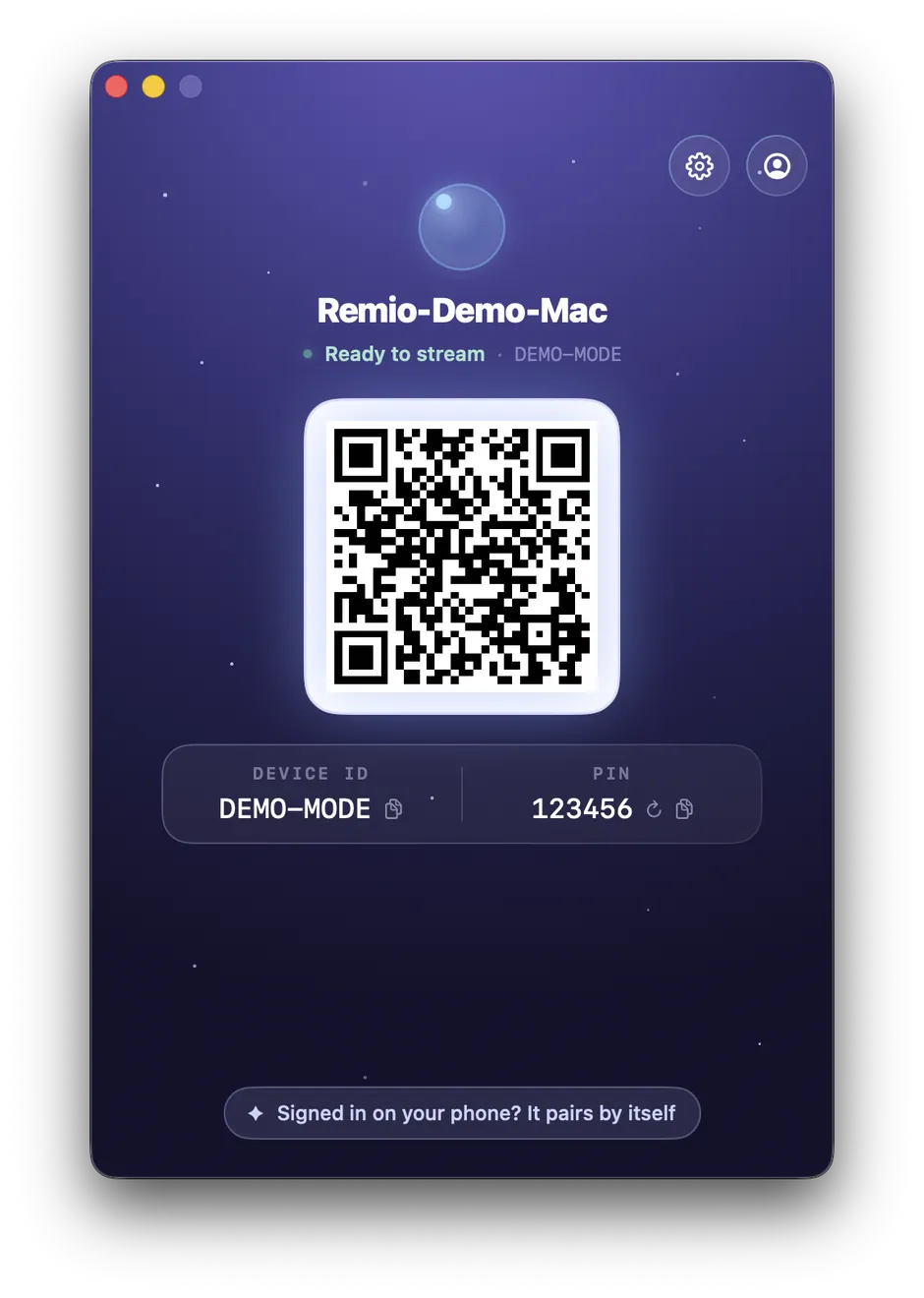 Remio Host window on Mac showing QR code, Device ID and PIN