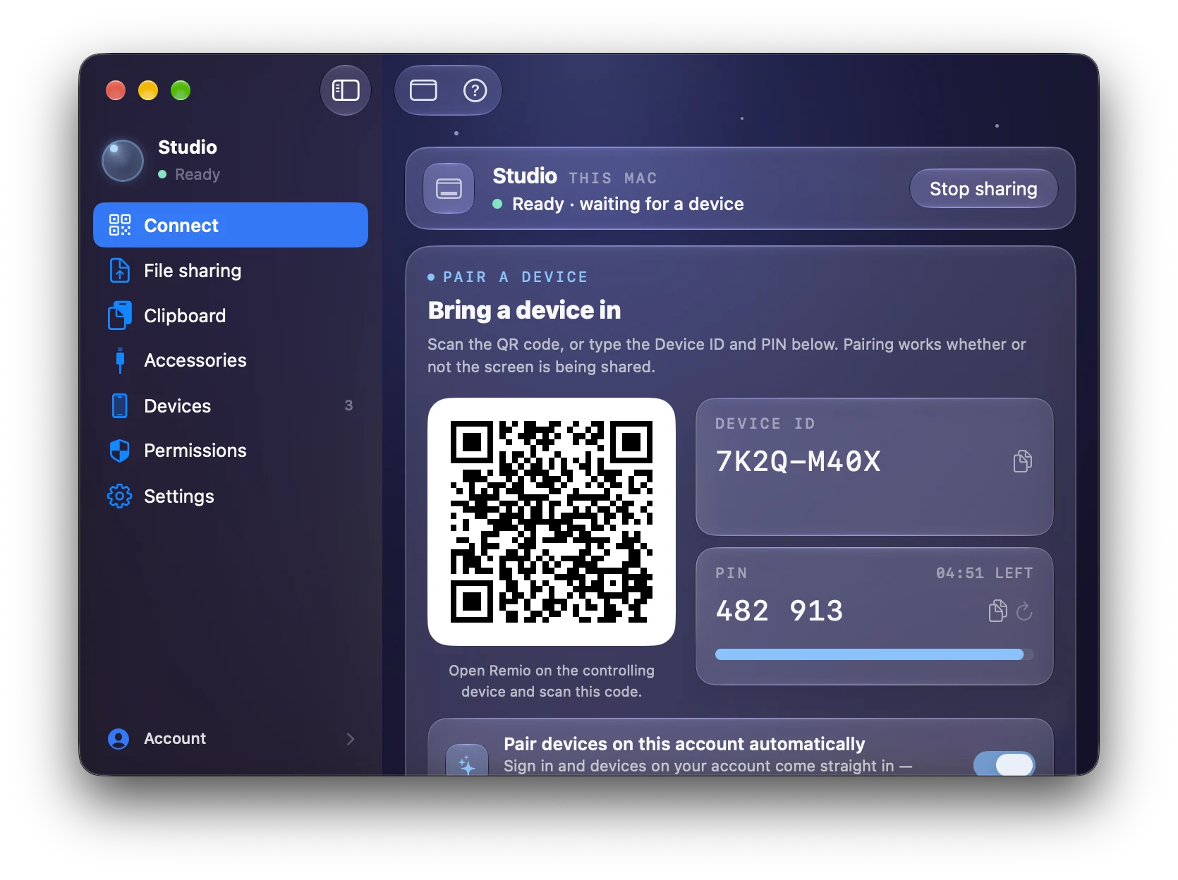 Remio Host window on Mac showing the QR code, Device ID and PIN