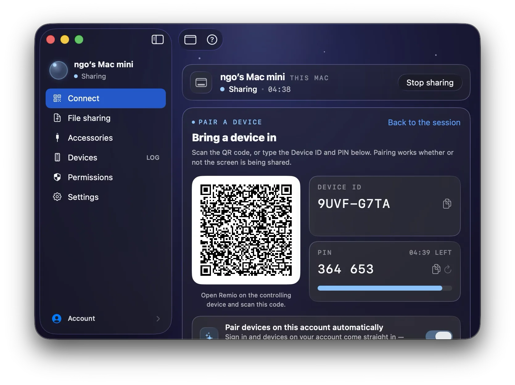 Remio Host window on Mac showing the QR code, Device ID and PIN