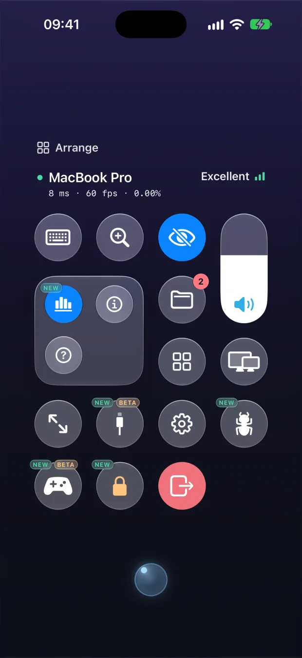 Remio 3.0 Control Board on iPhone with keyboard, zoom, blank screen, volume, files, displays and settings