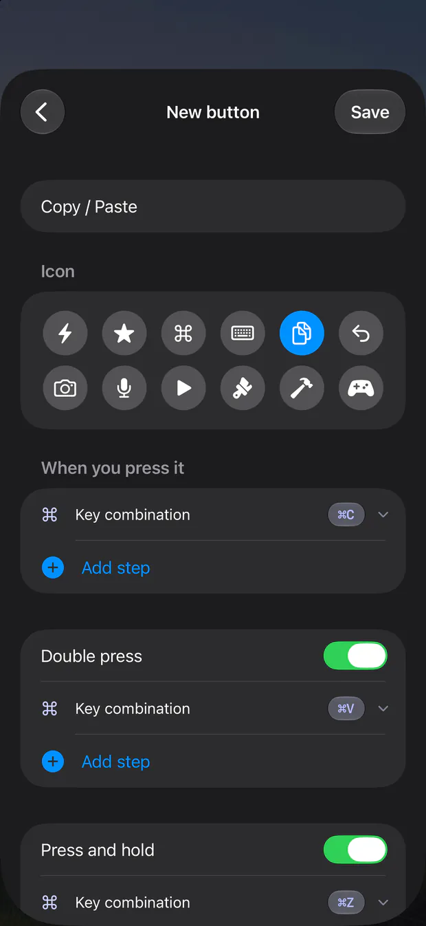 Remio 3.4 button editor on iPhone: choose what a press, a double press and a hold do