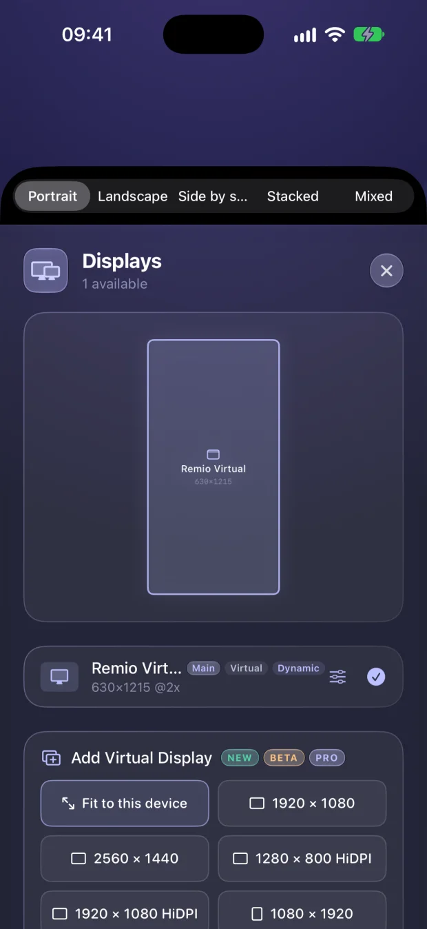 Remio 3.0 Displays panel on iPhone: add a virtual display fitted to the device or at 1920×1080, 2560×1440 and HiDPI sizes