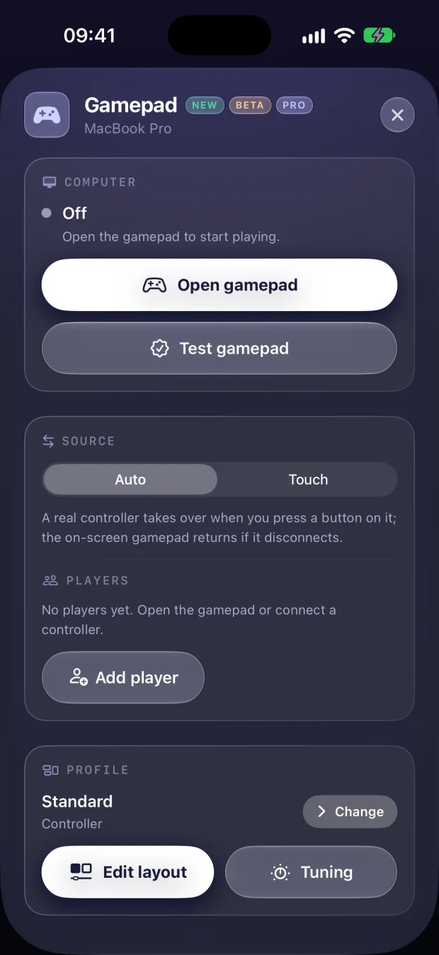 Remio 3.0 Gamepad panel on iPhone: open or test the gamepad, choose touch or controller, add players, pick a per-game profile