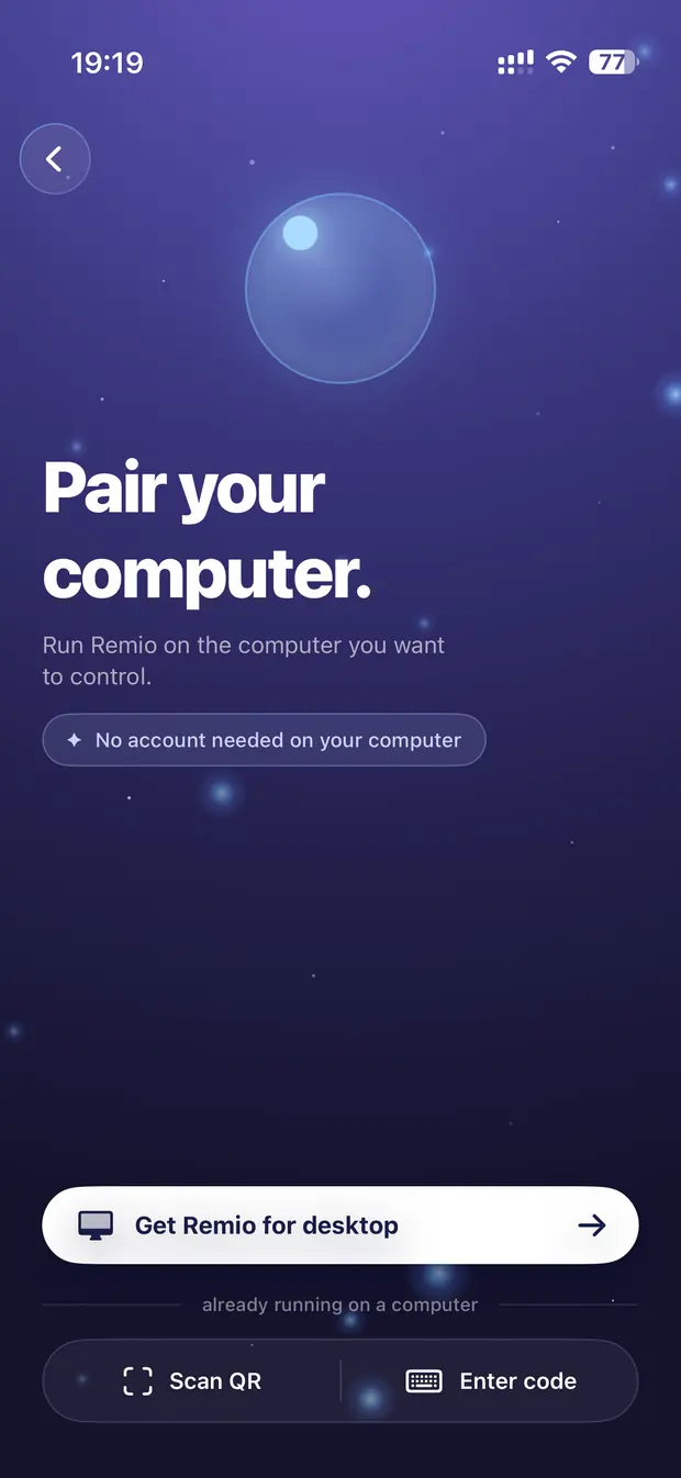 Remio pairing with a 4-digit one-time PIN — no account, no credential database