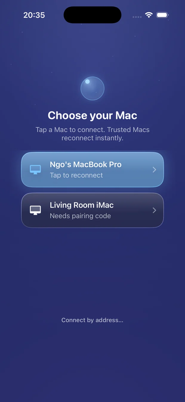 Choosing a Mac to connect to in Remio TouchPad on iPhone